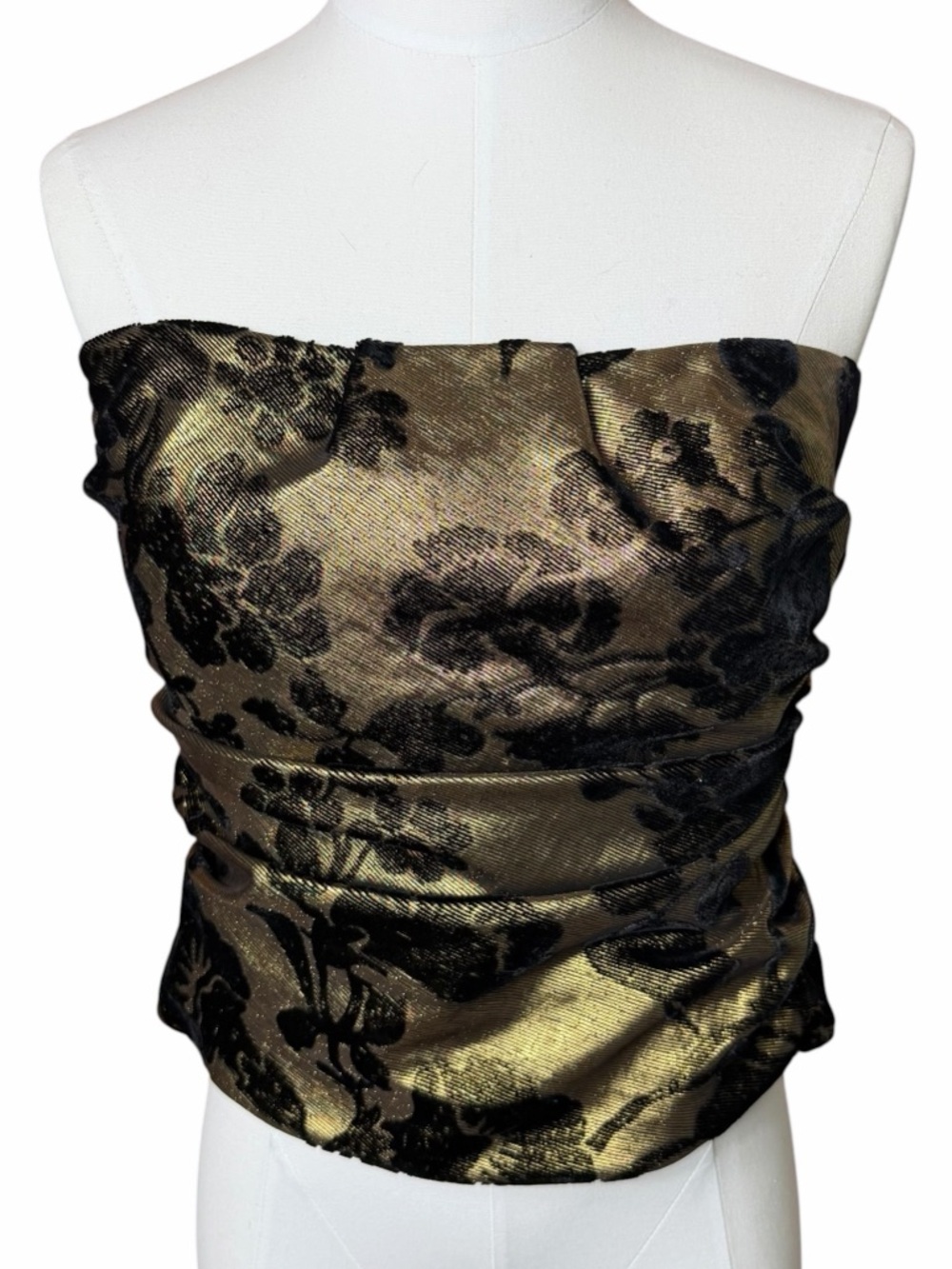 Kay Unger Silk Floral Brocade Corset Bustier Ruched Black and Gold Size 14